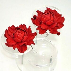 Red Leather Rose Earrings: Sterling Silver